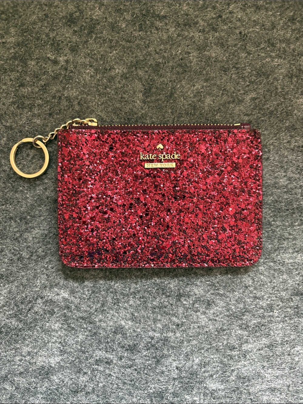 kate spade red glitter zip card pouch with gold keyring
